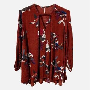 Free People Floral Tunic Flowy Blouse with Side Pockets Front Triangular Cutout